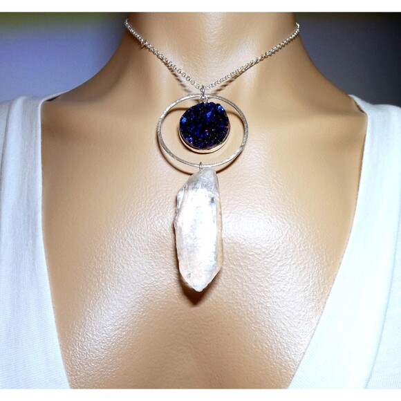 Natural Rock Crystal Quartz Point Titanium Blue Quartz Silver Necklace - Picture 1 of 6